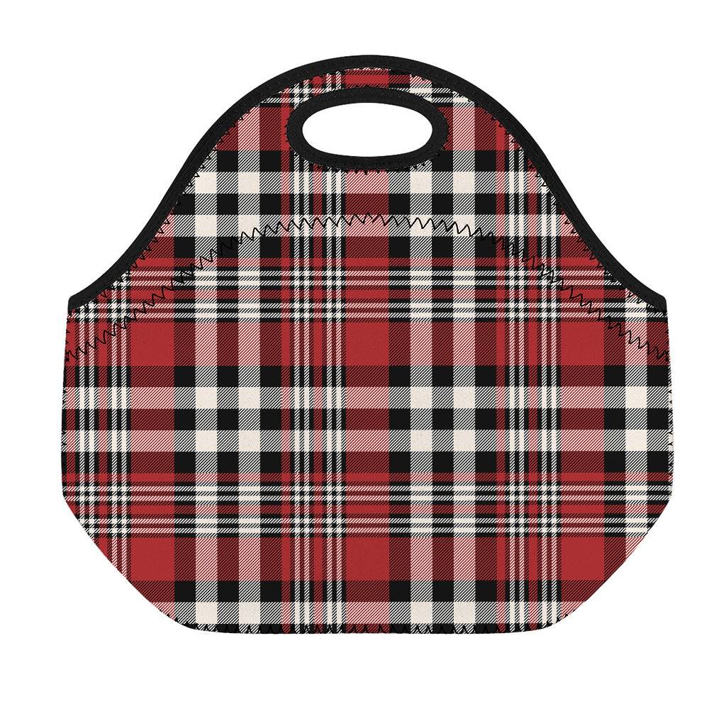 Red Black And White Border Tartan Print Neoprene Lunch Bag