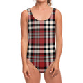 Red Black And White Border Tartan Print One Piece Swimsuit