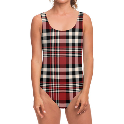 Red Black And White Border Tartan Print One Piece Swimsuit