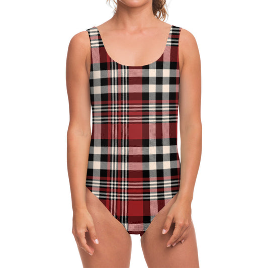 Red Black And White Border Tartan Print One Piece Swimsuit
