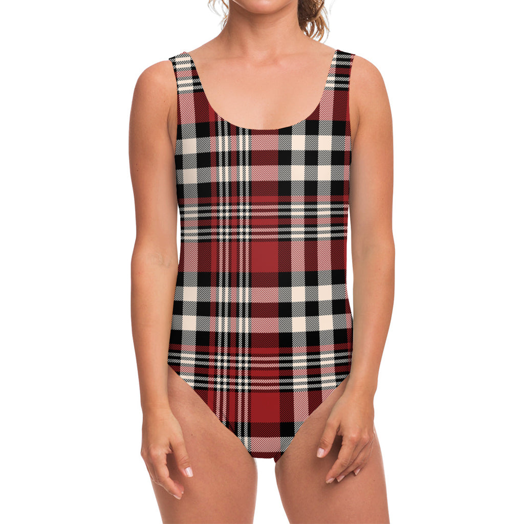 Red Black And White Border Tartan Print One Piece Swimsuit