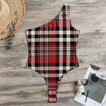 Red Black And White Border Tartan Print One Shoulder Bodysuit