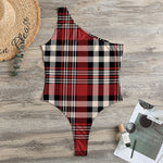 Red Black And White Border Tartan Print One Shoulder Bodysuit