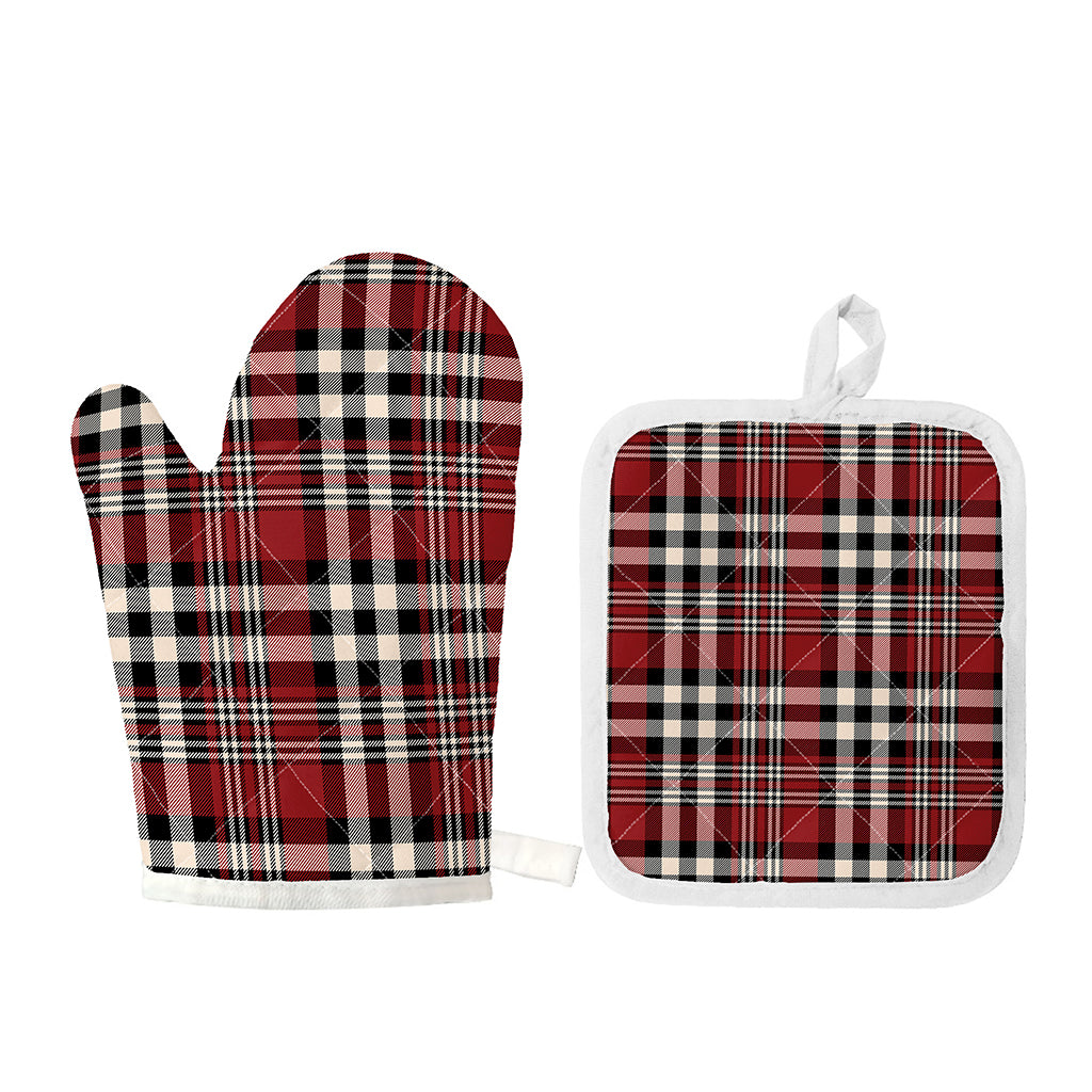 Red Black And White Border Tartan Print Oven Mitt And Pot Holder Set