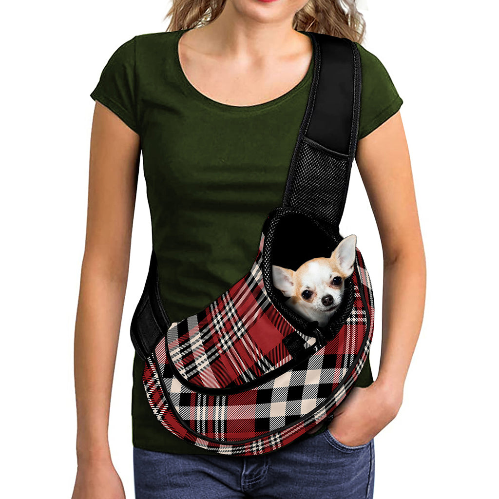 Red Black And White Border Tartan Print Pet Sling Carrier