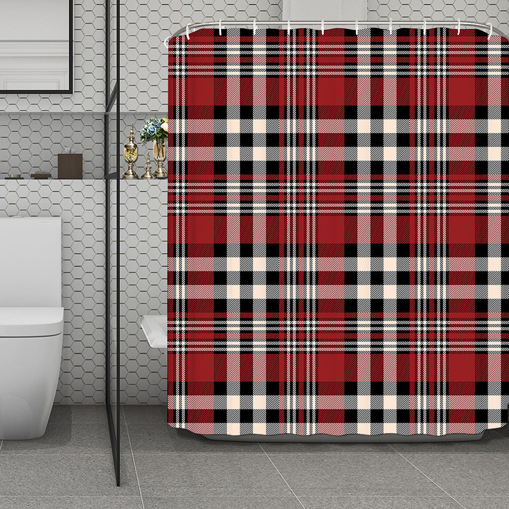 Red Black And White Border Tartan Print Polyester Shower Curtain