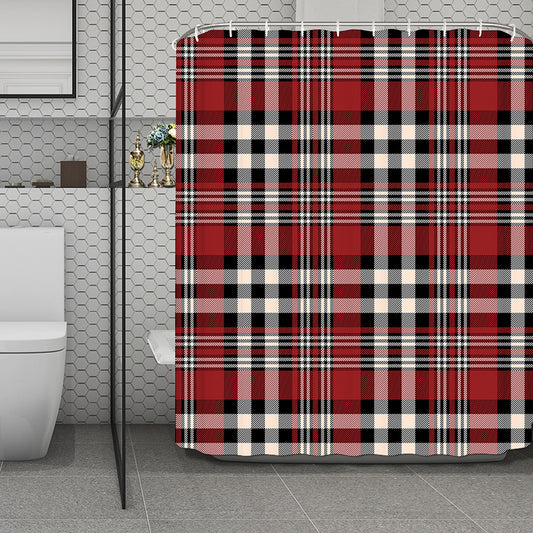 Red Black And White Border Tartan Print Polyester Shower Curtain