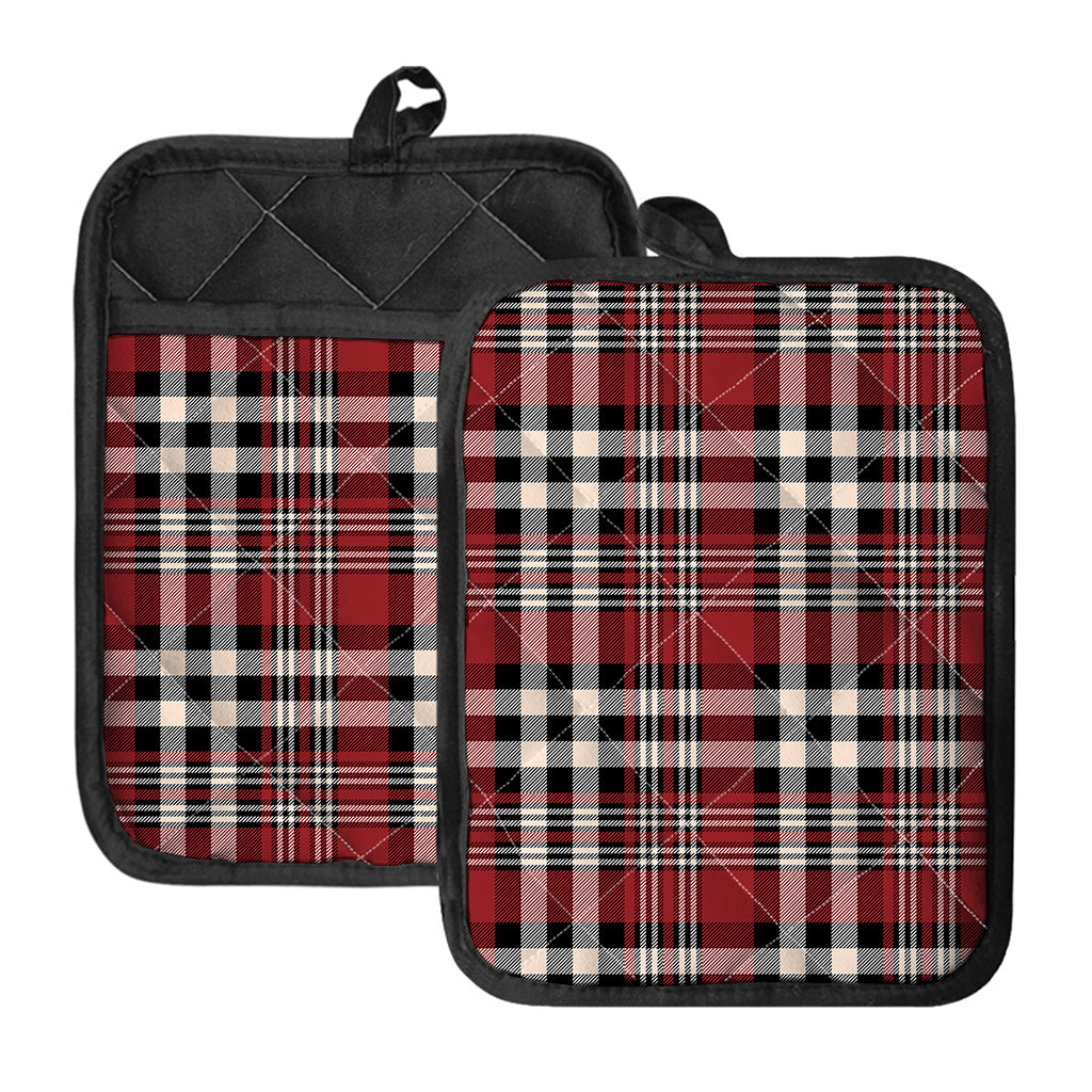 Red Black And White Border Tartan Print Pot Holders With Pocket