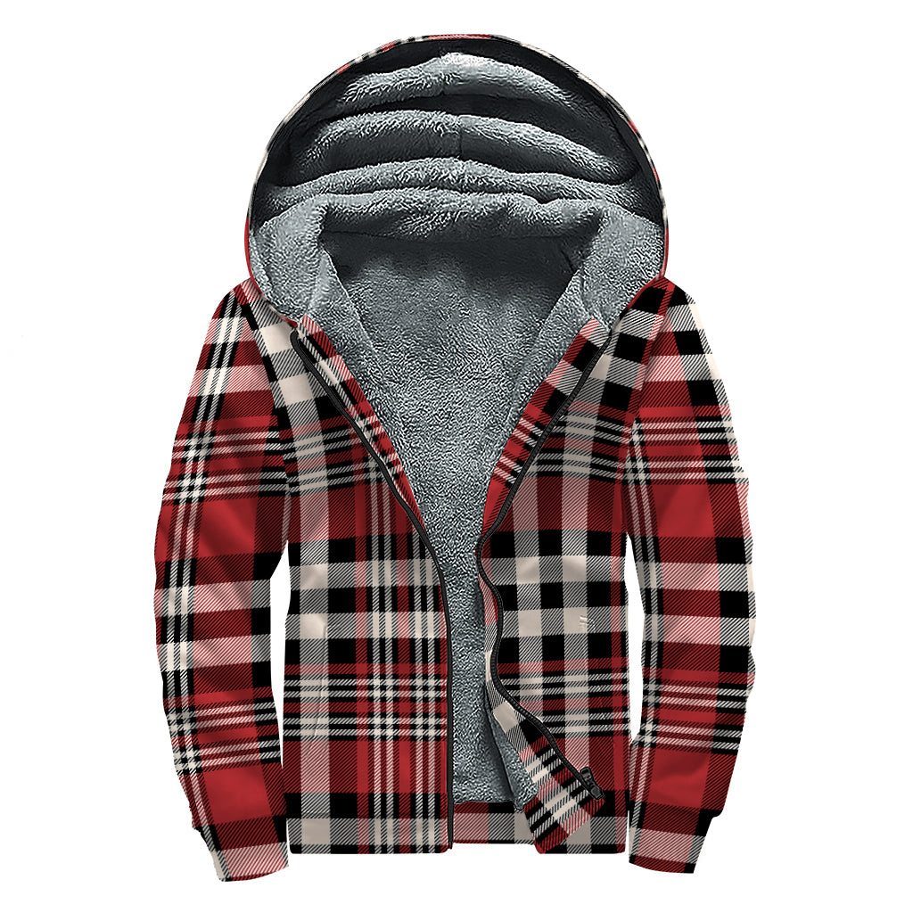 Red Black And White Border Tartan Print Sherpa Lined Zip Up Hoodie