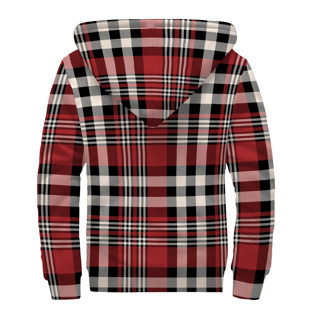 Red Black And White Border Tartan Print Sherpa Lined Zip Up Hoodie