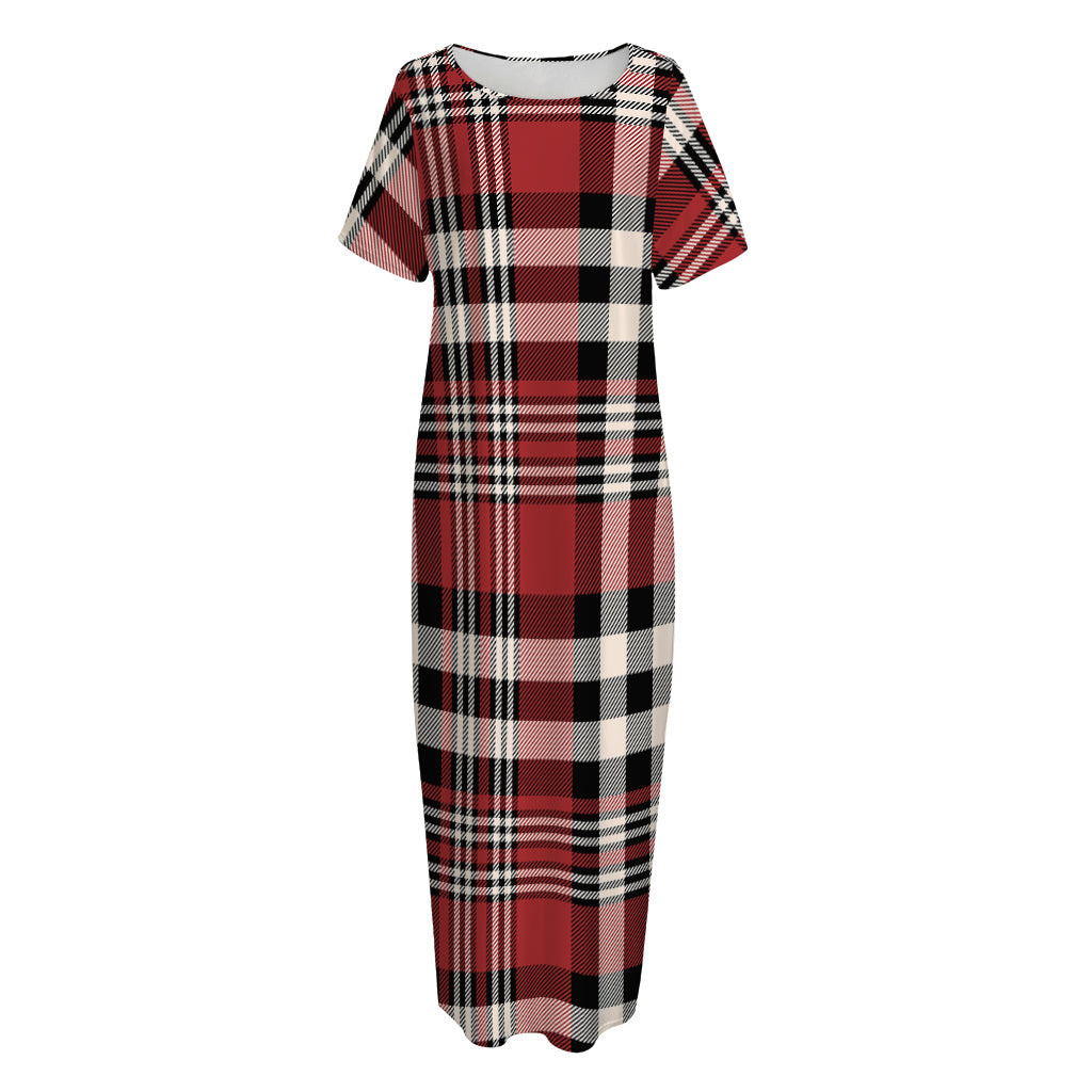 Red Black And White Border Tartan Print Short Sleeve Long Nightdress