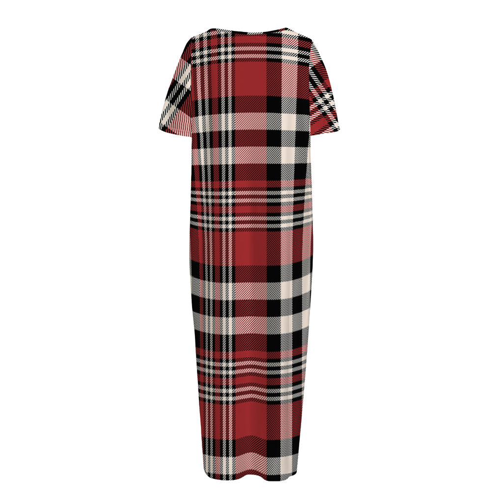 Red Black And White Border Tartan Print Short Sleeve Long Nightdress