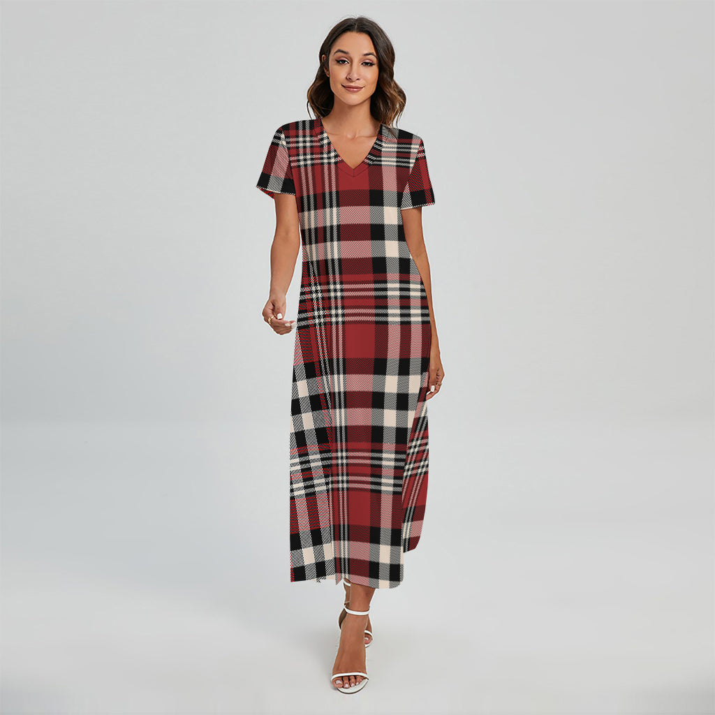 Red Black And White Border Tartan Print Short Sleeve Maxi Dress