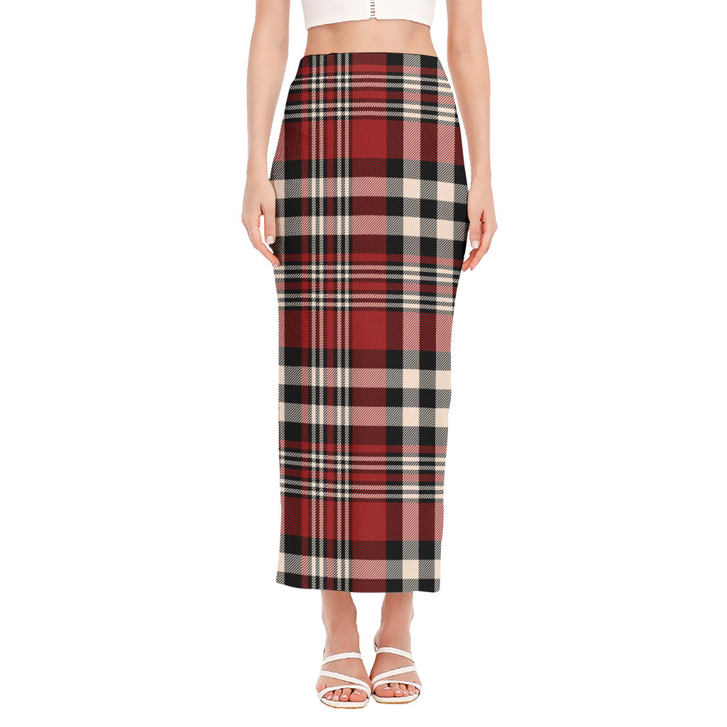 Red Black And White Border Tartan Print Side Slit Maxi Skirt