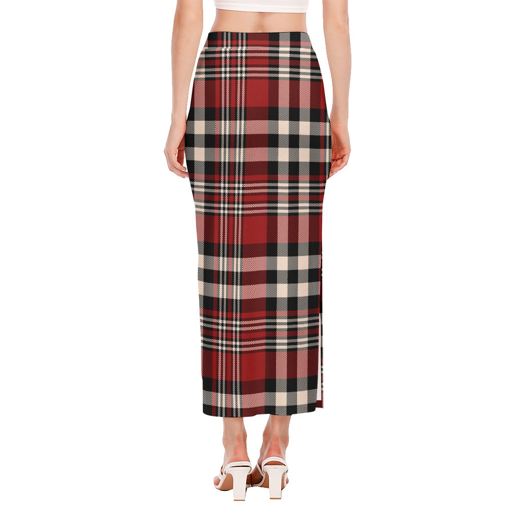 Red Black And White Border Tartan Print Side Slit Maxi Skirt