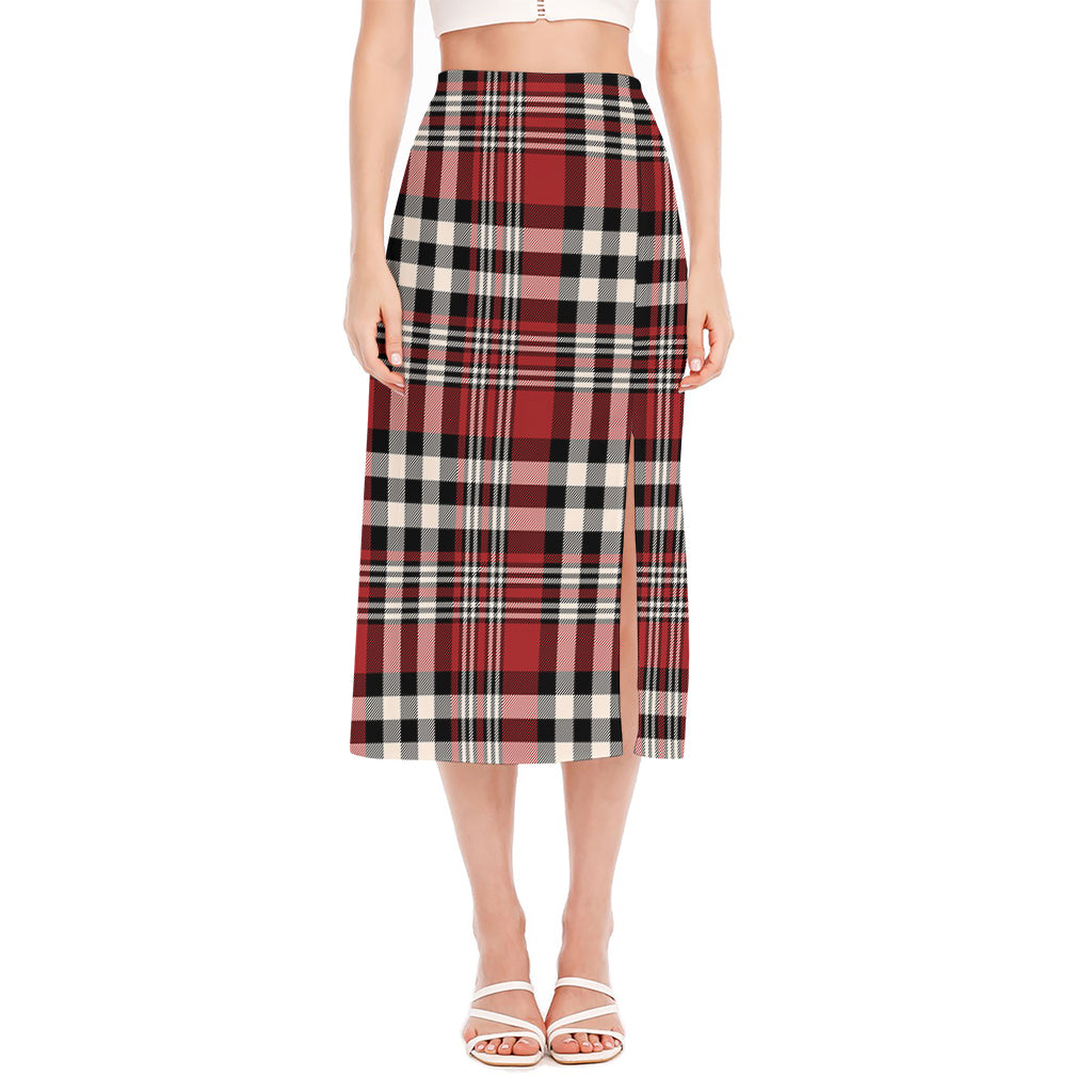 Red Black And White Border Tartan Print Side Slit Midi Skirt