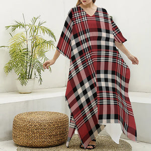 Red Black And White Border Tartan Print Silk V-Neck Kaftan Dress