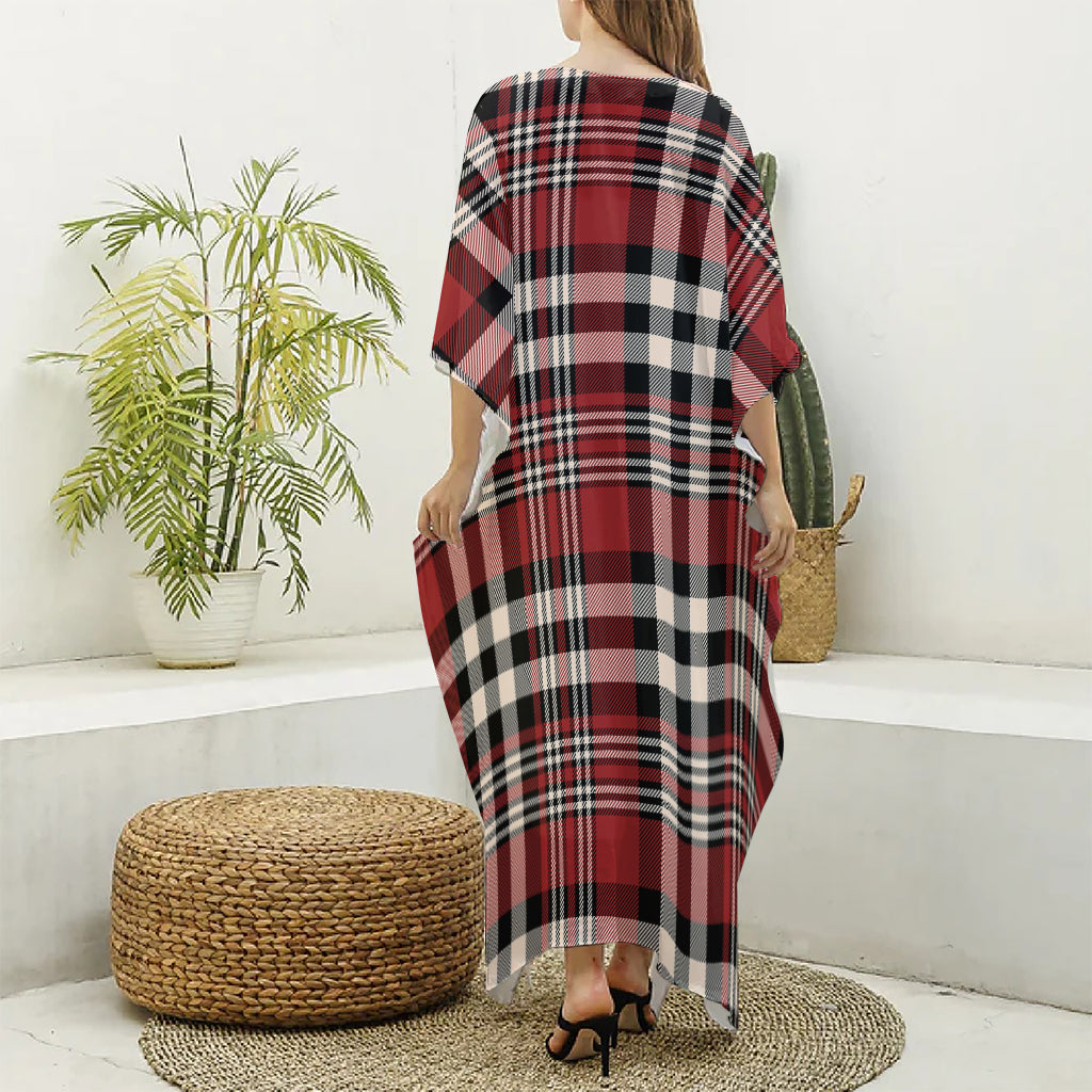 Red Black And White Border Tartan Print Silk V-Neck Kaftan Dress