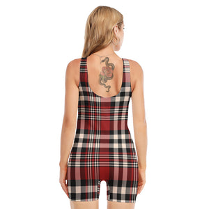 Red Black And White Border Tartan Print Sleeveless One Piece Swimsuit