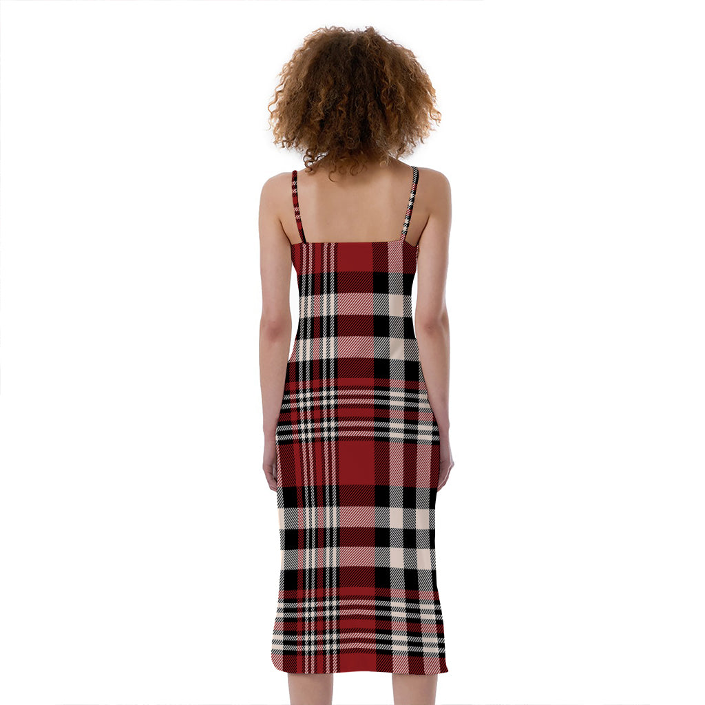 Red Black And White Border Tartan Print Slim Fit Midi Cami Dress