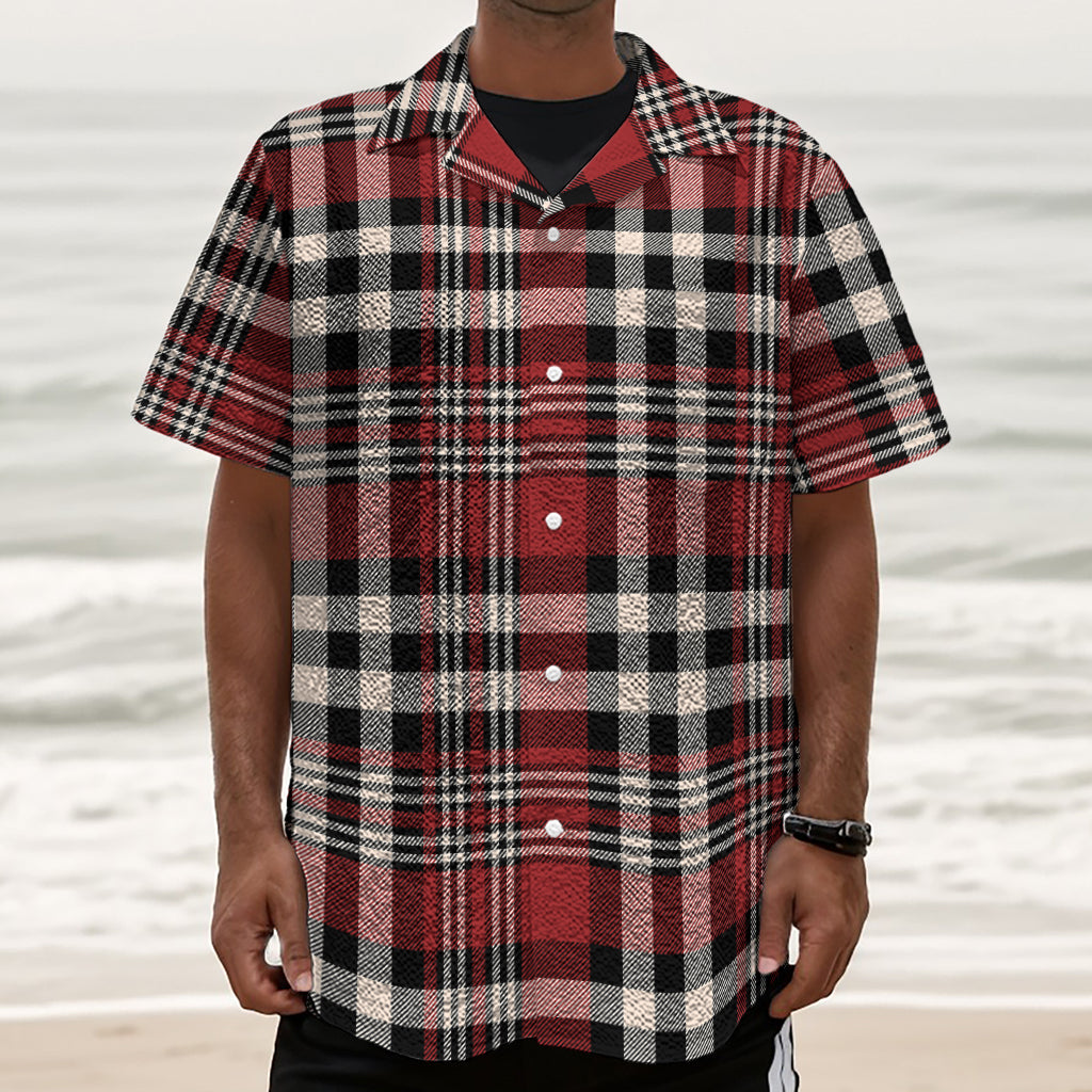 Red Black And White Border Tartan Print Textured Short Sleeve Shirt