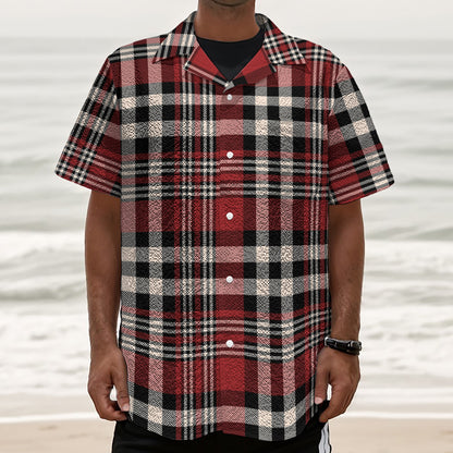 Red Black And White Border Tartan Print Textured Short Sleeve Shirt