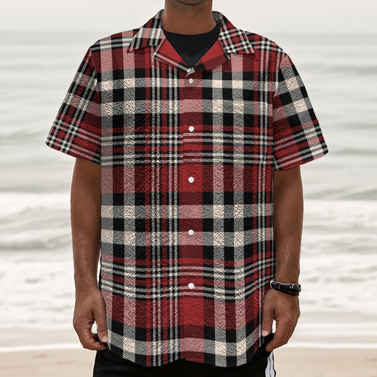 Red Black And White Border Tartan Print Textured Short Sleeve Shirt