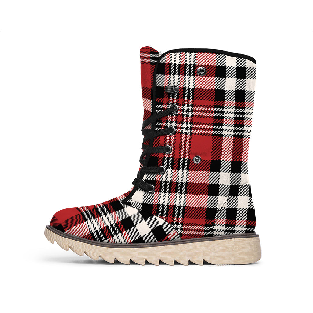 Red Black And White Border Tartan Print Winter Boots