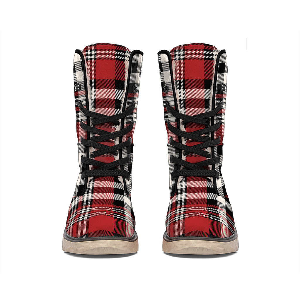 Red Black And White Border Tartan Print Winter Boots
