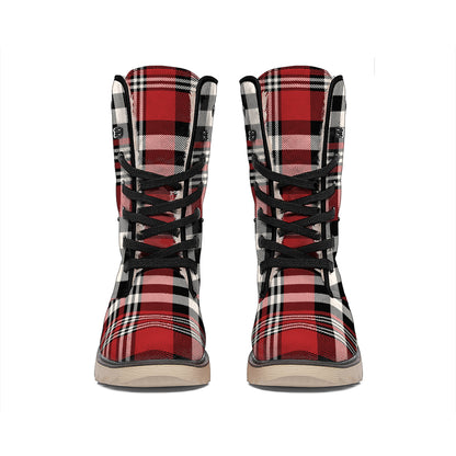 Red Black And White Border Tartan Print Winter Boots