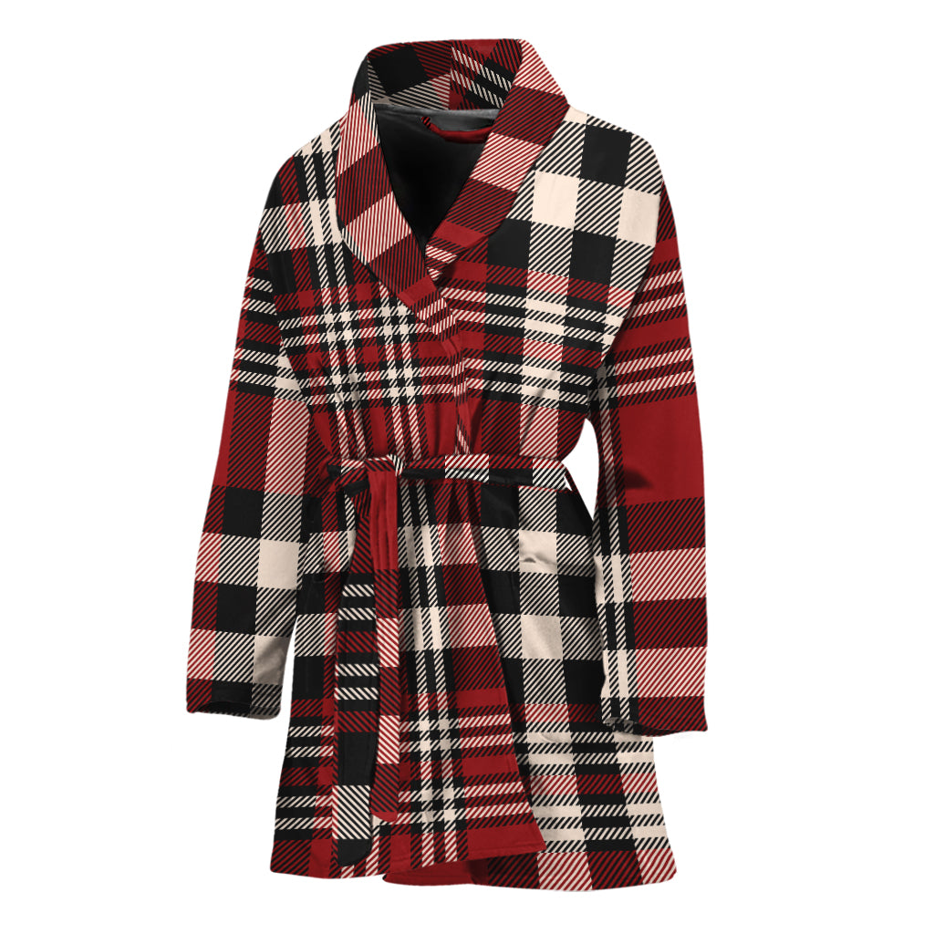 Red Black And White Border Tartan Print Women's Bathrobe