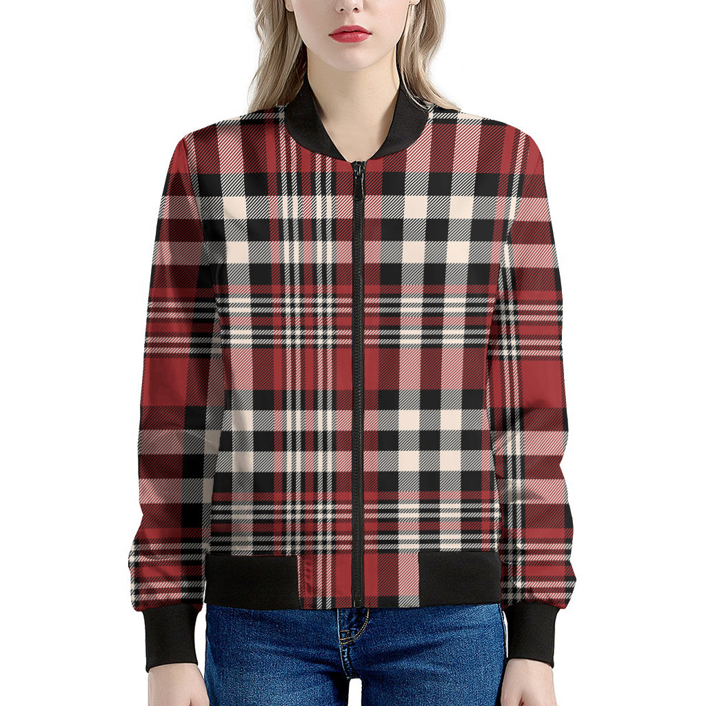 Red Black And White Border Tartan Print Women's Bomber Jacket