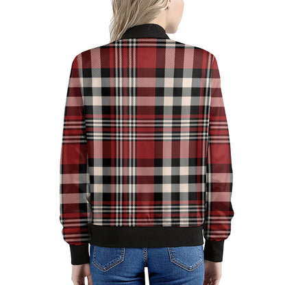 Red Black And White Border Tartan Print Women's Bomber Jacket