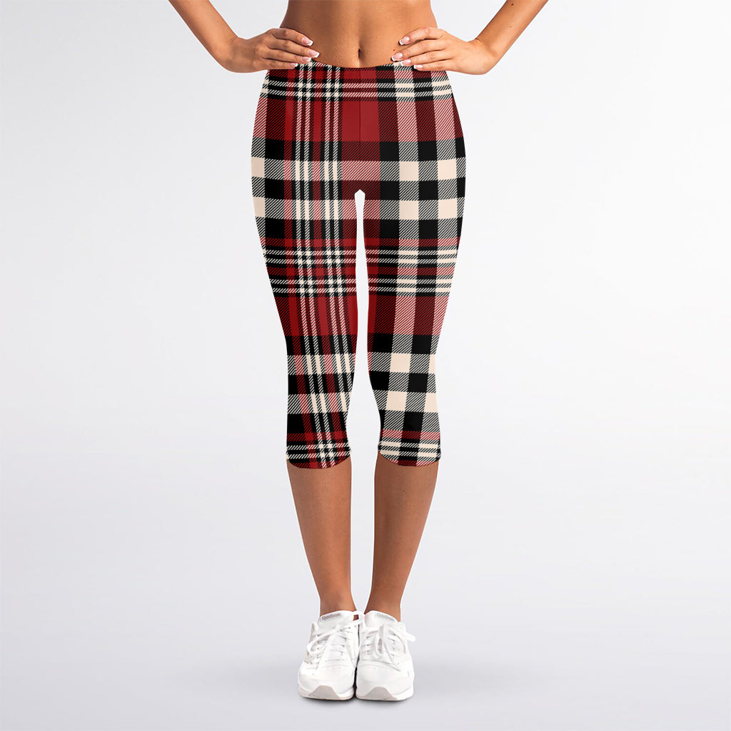 Red Black And White Border Tartan Print Women's Capri Leggings