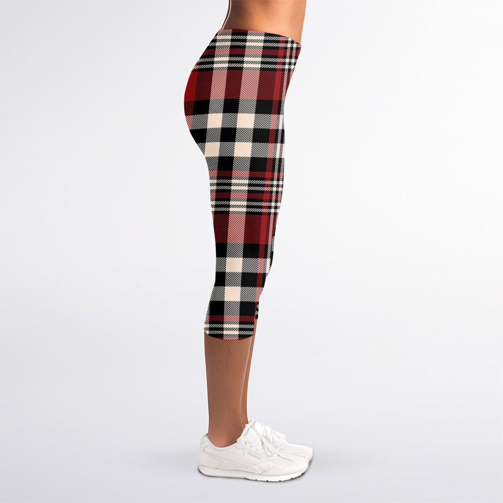 Red Black And White Border Tartan Print Women's Capri Leggings