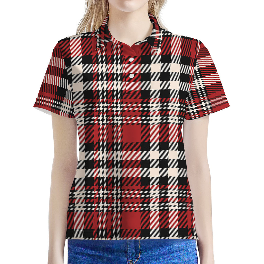 Red Black And White Border Tartan Print Women's Polo Shirt