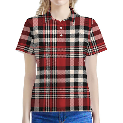 Red Black And White Border Tartan Print Women's Polo Shirt