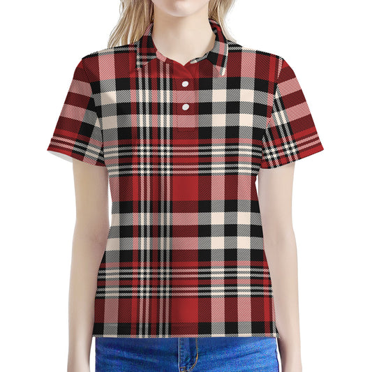 Red Black And White Border Tartan Print Women's Polo Shirt