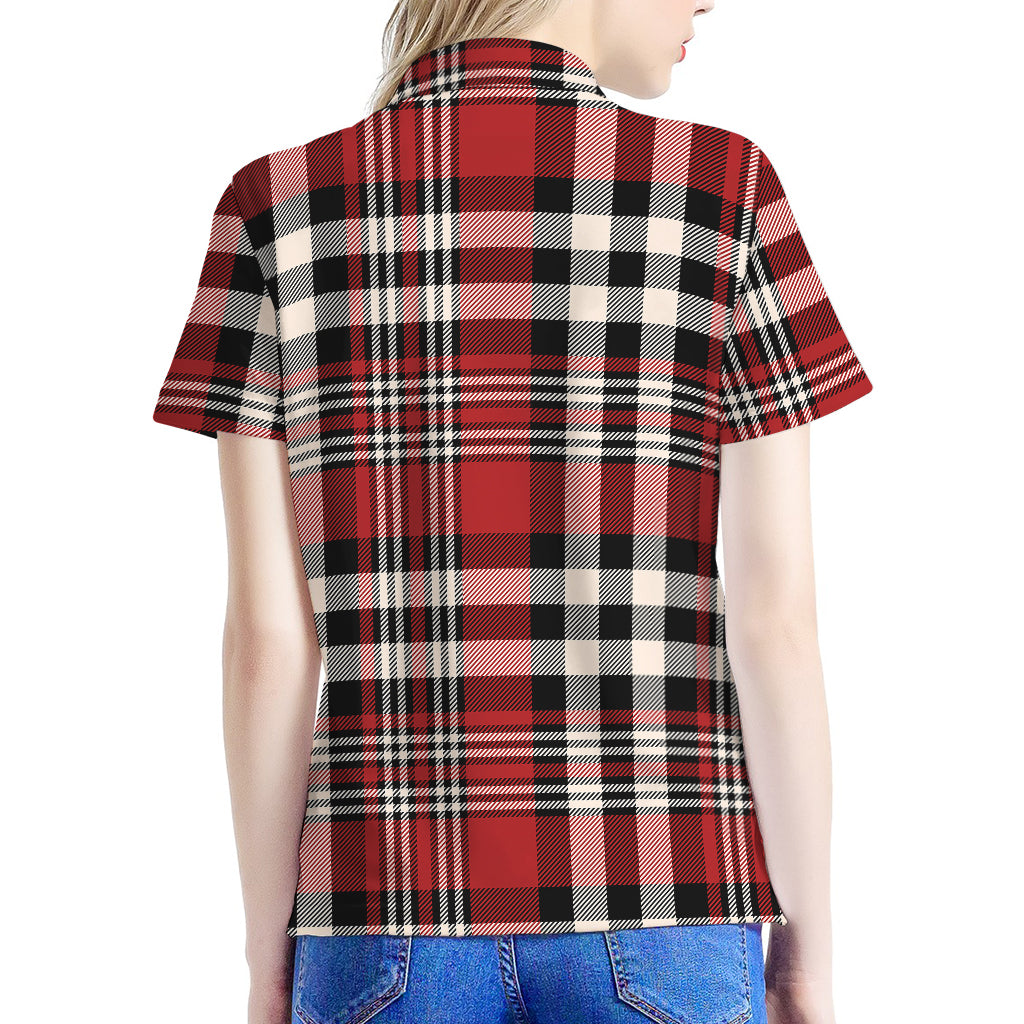 Red Black And White Border Tartan Print Women's Polo Shirt