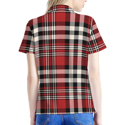 Red Black And White Border Tartan Print Women's Polo Shirt