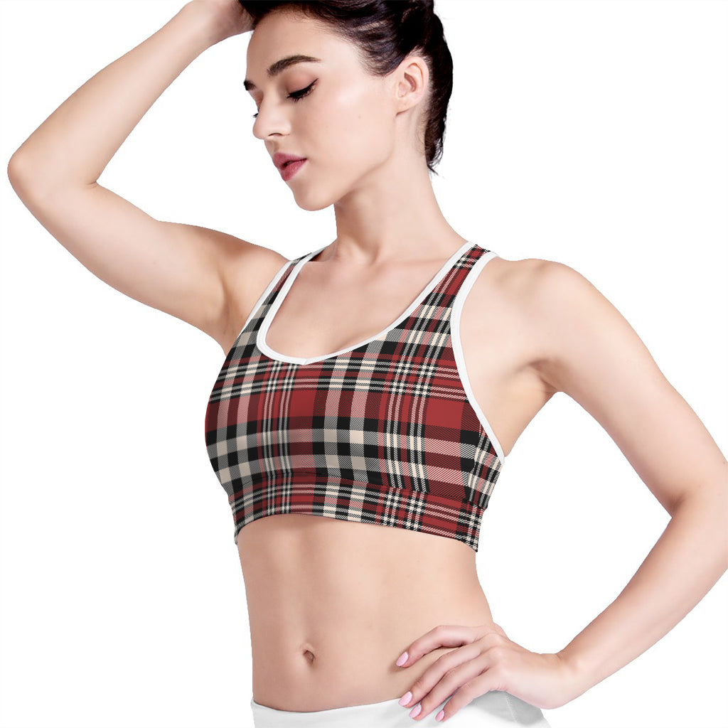 Red Black And White Border Tartan Print Women's Sports Bra