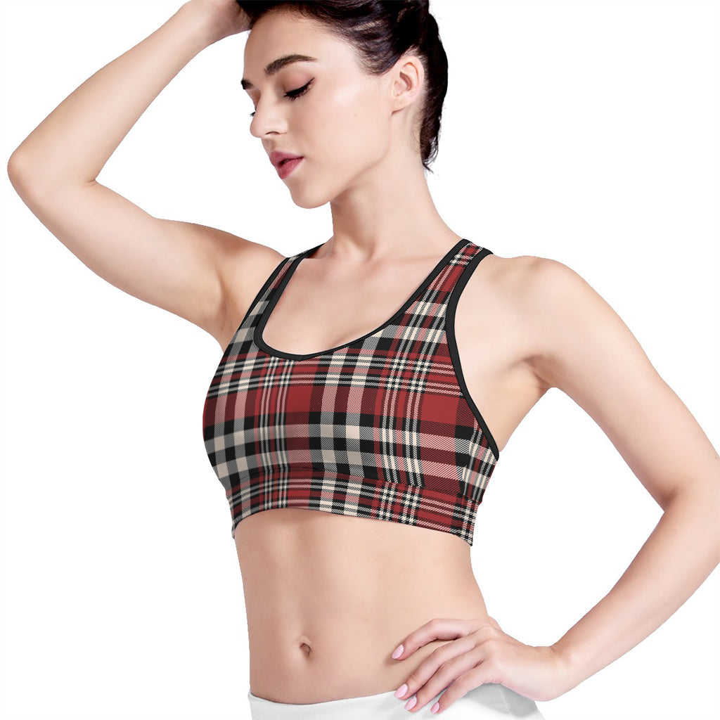 Red Black And White Border Tartan Print Women's Sports Bra