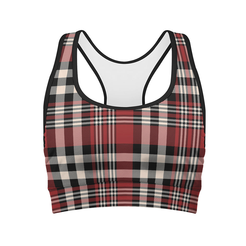 Red Black And White Border Tartan Print Women's Sports Bra