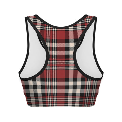Red Black And White Border Tartan Print Women's Sports Bra