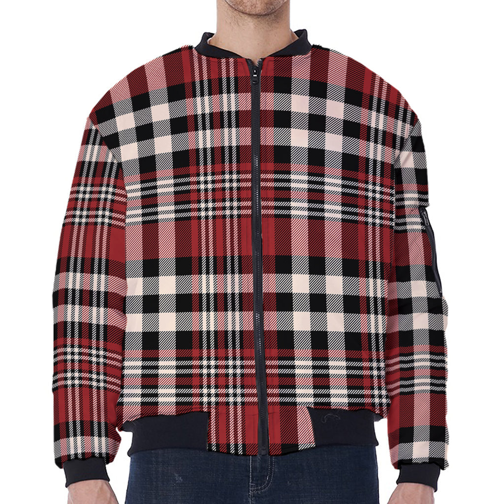 Red Black And White Border Tartan Print Zip Sleeve Bomber Jacket