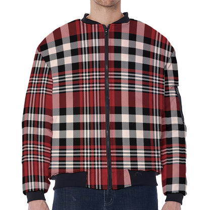Red Black And White Border Tartan Print Zip Sleeve Bomber Jacket