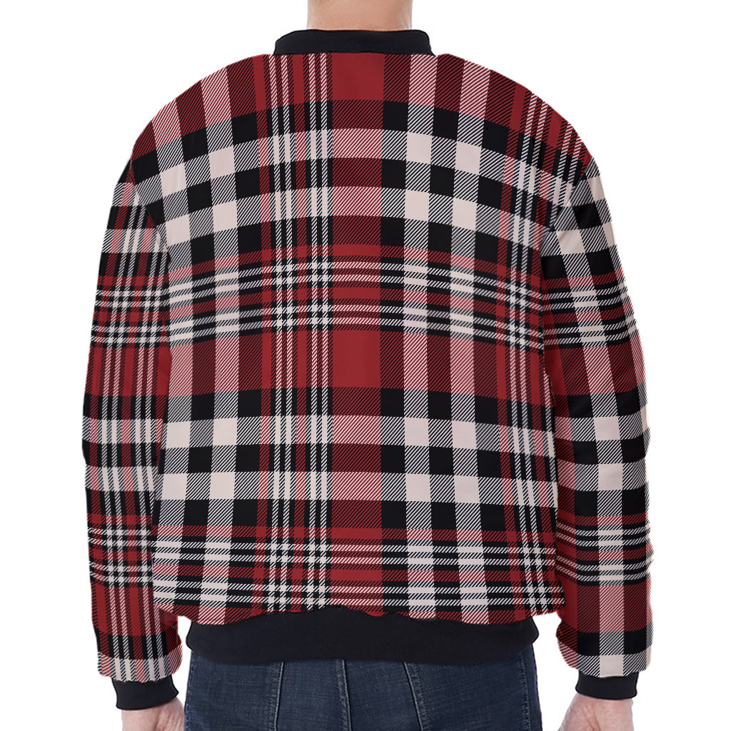 Red Black And White Border Tartan Print Zip Sleeve Bomber Jacket