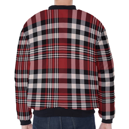 Red Black And White Border Tartan Print Zip Sleeve Bomber Jacket