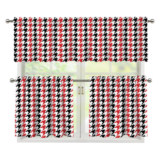 Red Black And White Houndstooth Print 3 Piece Kitchen Curtains