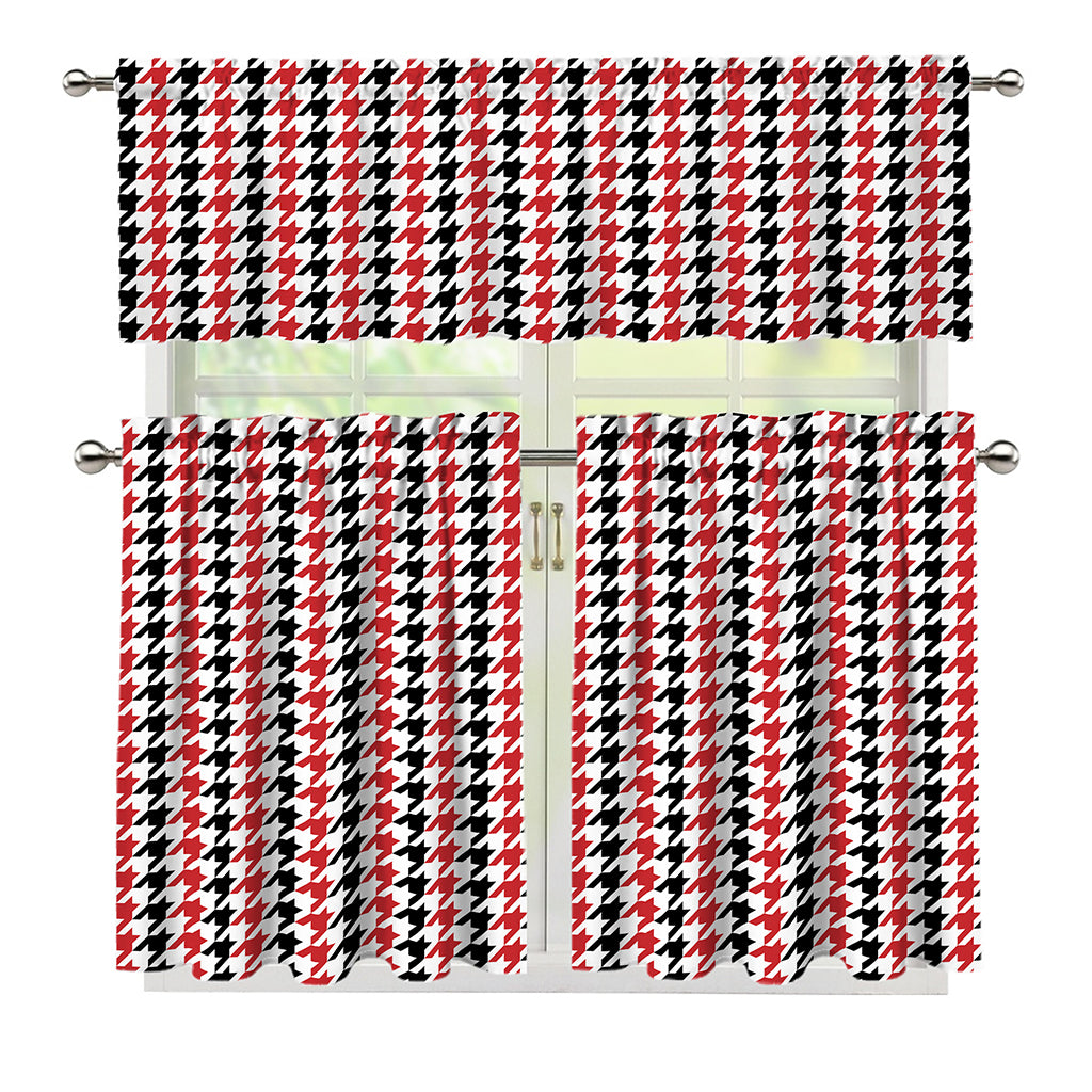 Red Black And White Houndstooth Print 3 Piece Kitchen Curtains